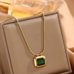 Gold Plated Anti Tarnish Stainless Steel Green CZ studded Geometric Rectangular Pendant - Image 9