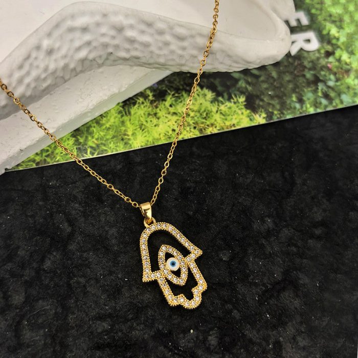 Gold Plated Anti Tarnish Stainless Steel Evil Eye Themed Buddha Hand Pendant - Image 5