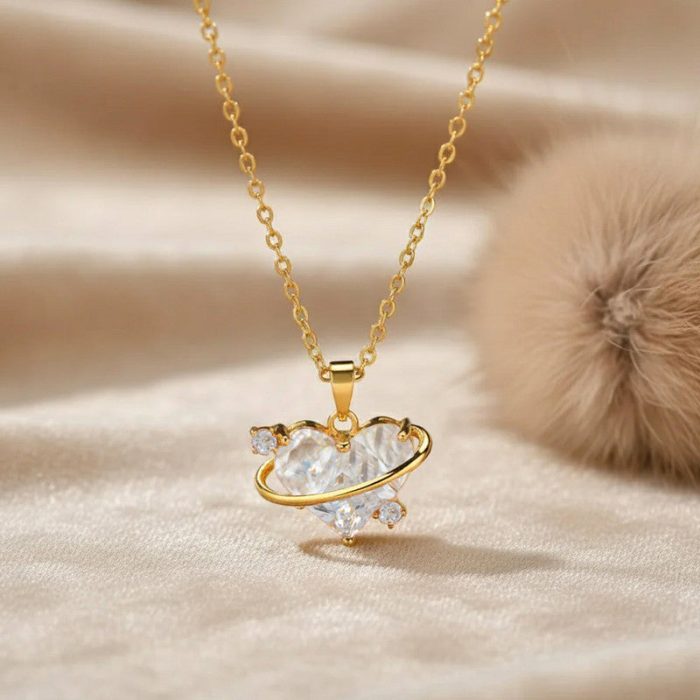 Gold Plated Stainless Steel Crystal Studded White Heart Themed Pendant - Image 3