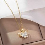 Gold Plated Stainless Steel Crystal Studded White Heart Themed Pendant - Image 8