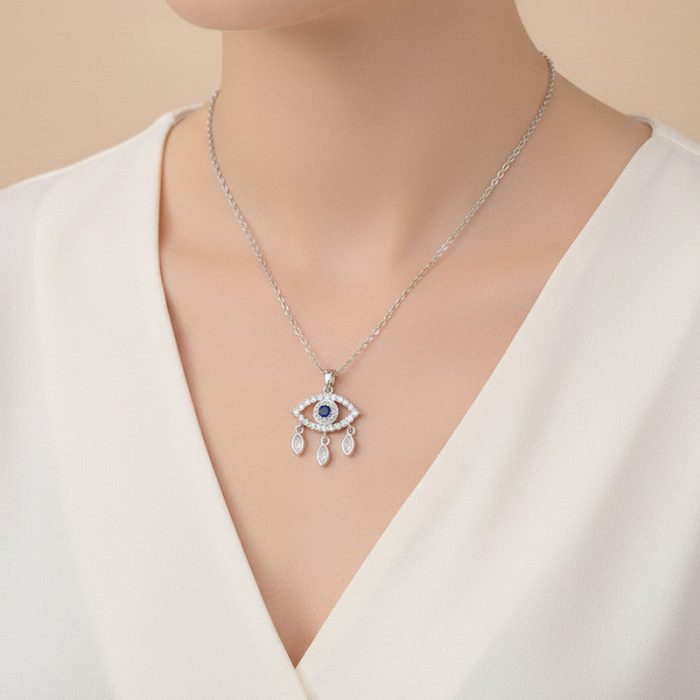 Silver Plated Stainless Steel Anti Tarnish American Diamond Studded Evil Eye Themed Pendant - Image 5