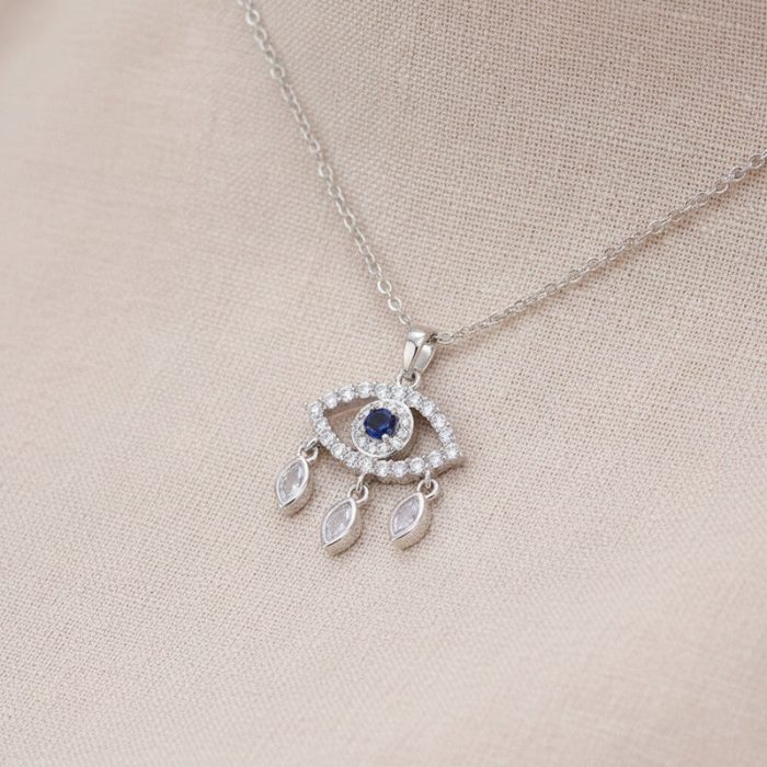 Silver Plated Stainless Steel Anti Tarnish American Diamond Studded Evil Eye Themed Pendant - Image 8
