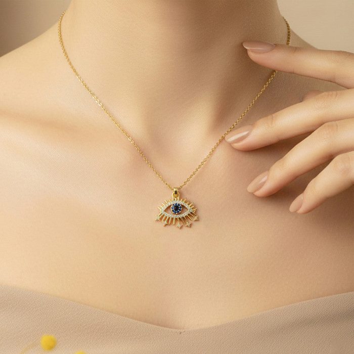 Gold Plated Stainless Steel American Diamond Studded Evil Eye Themed Pendant - Image 2