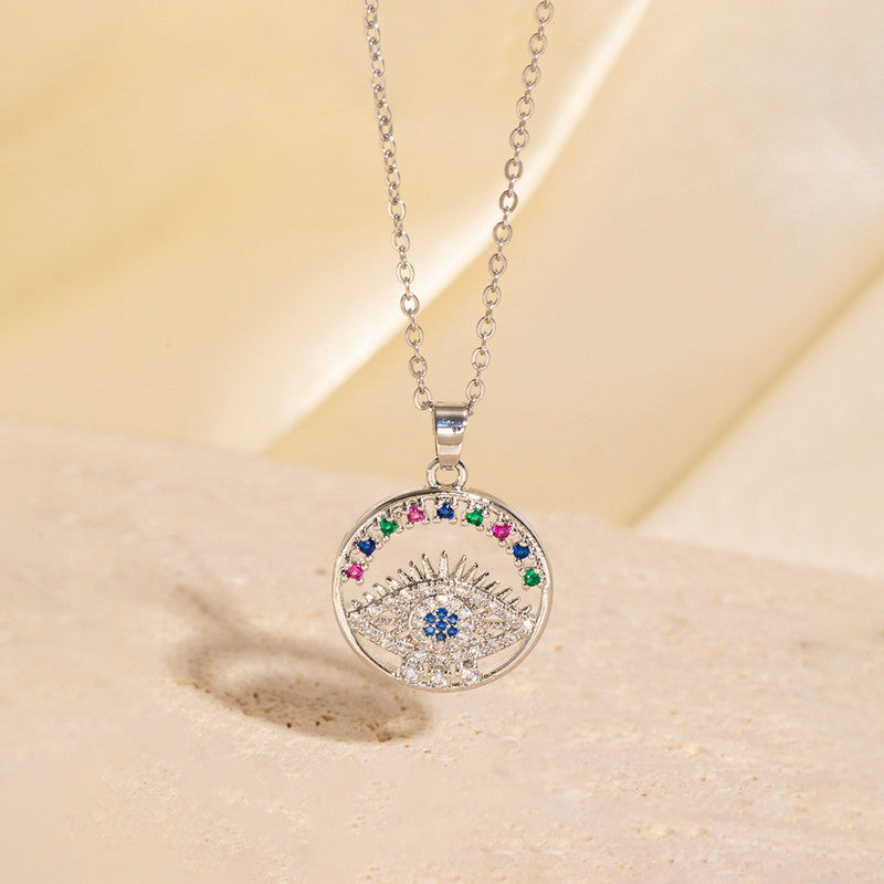 Silver Plated Stainless Steel American Diamond Studded Anti Tarnish Evil Eye Themed Pendant - Image 1