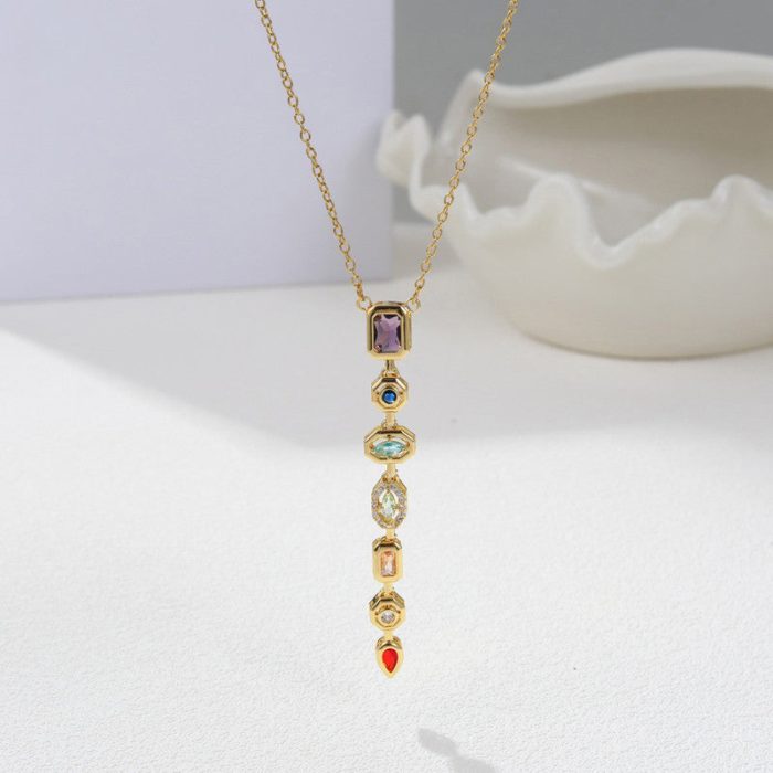Gold-Plated Anti Tarnish Multicolor Spectrum Chunky CZ Pendant - Image 4