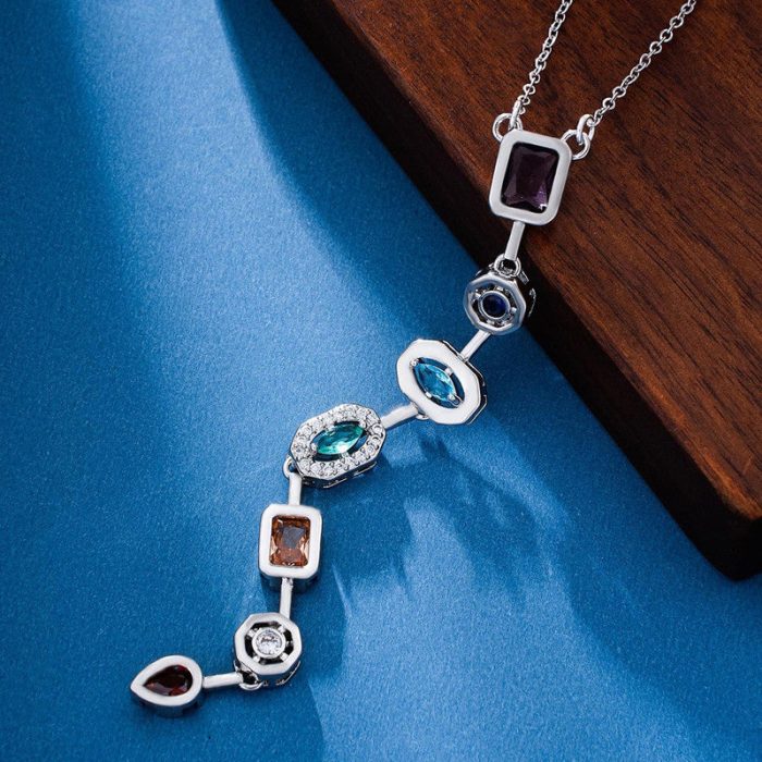 Silver-Plated Anti Tarnish Multicolor Spectrum Chunky CZ Pendant - Image 8
