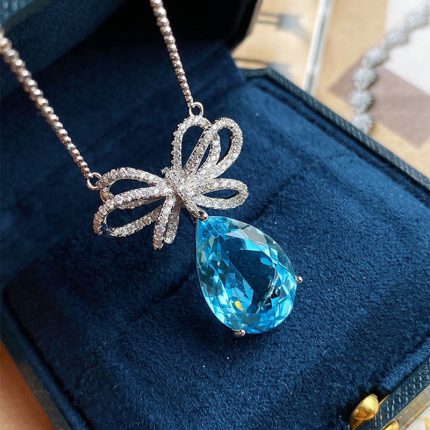 Silver Plated Anti Tarnish American Diamond Crushed Ice Cut Blue Teardrop Shape Pendant - VAIRAVI