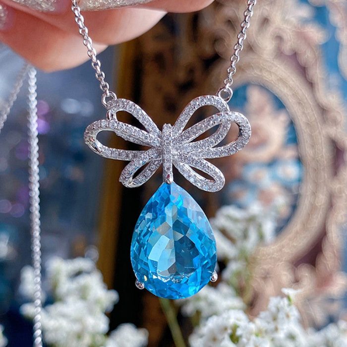 Silver Plated Anti Tarnish American Diamond Crushed Ice Cut Blue Teardrop Shape Pendant - VAIRAVI