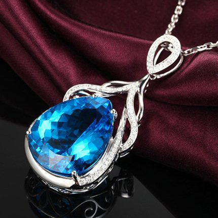 Silver Plated Anti Tarnish American Diamond Crushed Ice Cut Blue Teardrop Shape Pendant - VAIRAVI