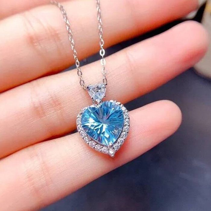 Silver Plated Anti Tarnish American Diamond Crushed Ice Cut Blue Heart Shape Pendant - VAIRAVI