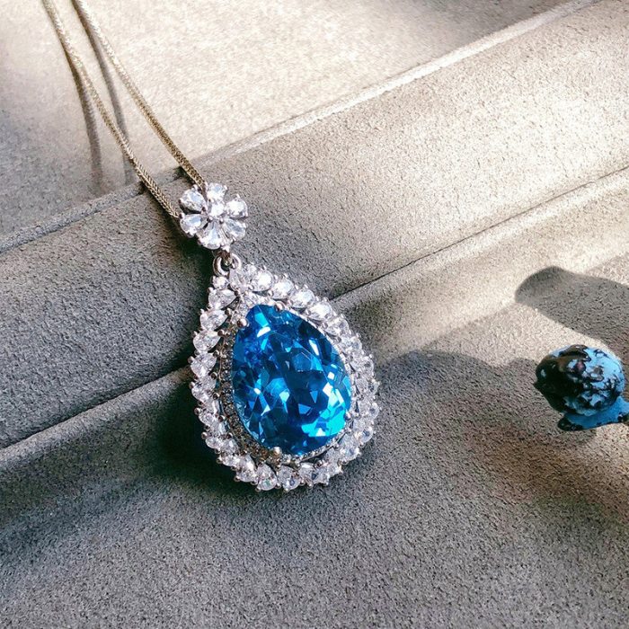 Silver Plated Anti Tarnish American Diamond Crushed Ice Cut Blue Teardrop Shape Pendant - VAIRAVI