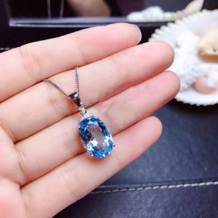 Silver Plated Anti Tarnish American Diamond Crushed Ice Cut Blue Oval Shape Pendant - VAIRAVI