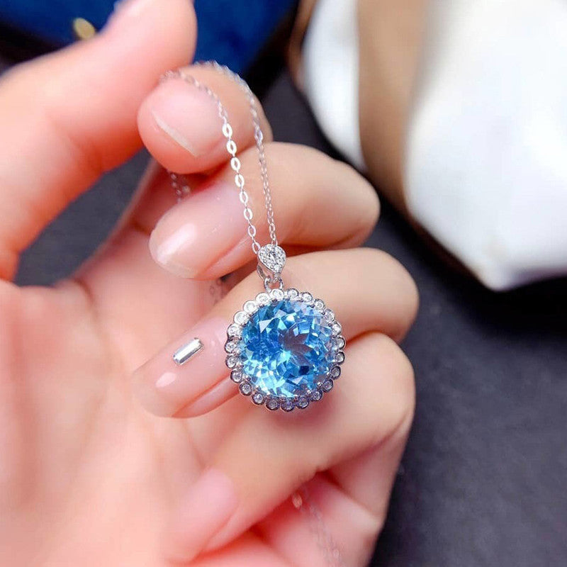 Silver Plated Anti Tarnish American Diamond Crushed Ice Cut Blue Round Shape Contemporary Pendant - VAIRAVI Silver Plated Anti Tarnish American Diamond Crushed Ice Cut Blue Round Shape Contemporary Pendant - VAIRAVI
