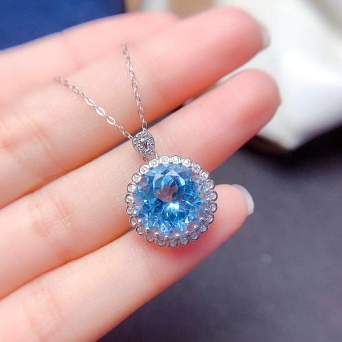 Silver Plated Anti Tarnish American Diamond Crushed Ice Cut Blue Round Shape Contemporary Pendant - VAIRAVI