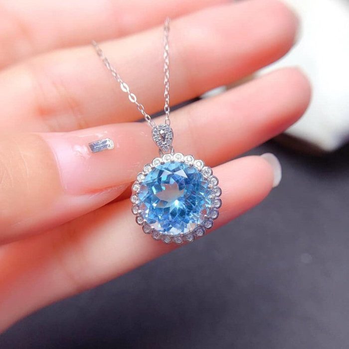 Silver Plated Anti Tarnish American Diamond Crushed Ice Cut Blue Round Shape Contemporary Pendant - VAIRAVI