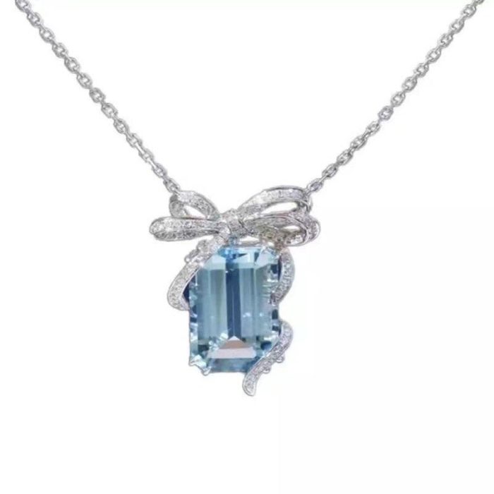 Silver Plated Anti Tarnish American Diamond Crushed Ice Cut Blue Geometrical Contemporary Pendant - VAIRAVI
