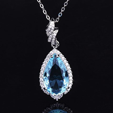 Silver Plated Anti Tarnish American Diamond Crushed Ice Cut Blue Teardrop Shape Contemporary Pendant - VAIRAVI