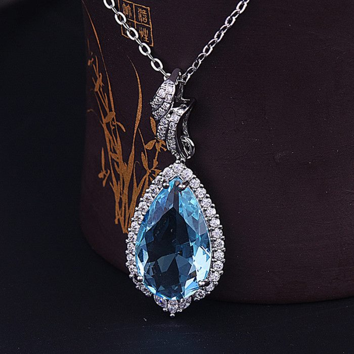 Silver Plated Anti Tarnish American Diamond Crushed Ice Cut Blue Teardrop Shape Contemporary Pendant - VAIRAVI