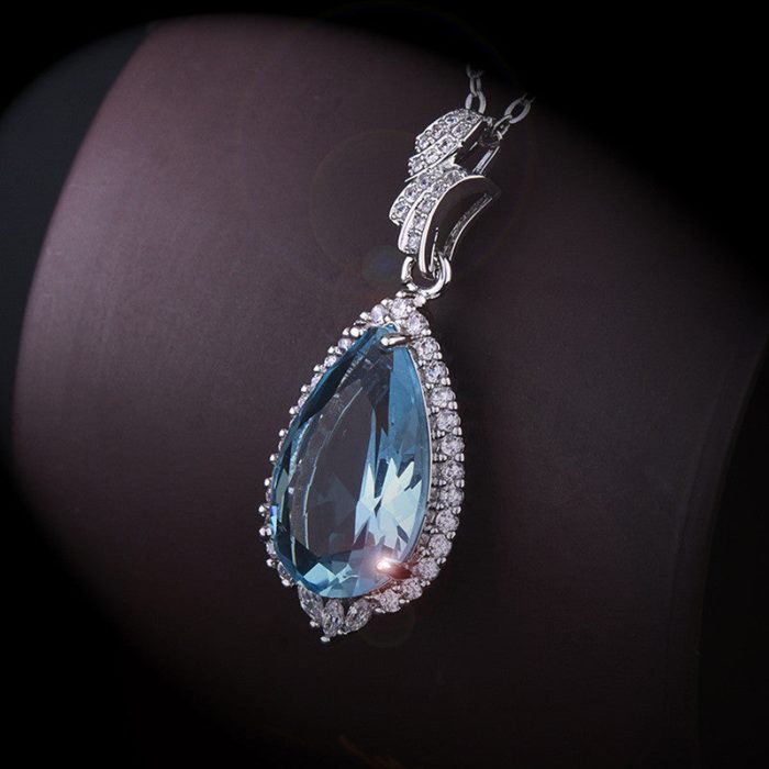 Silver Plated Anti Tarnish American Diamond Crushed Ice Cut Blue Teardrop Shape Contemporary Pendant - VAIRAVI