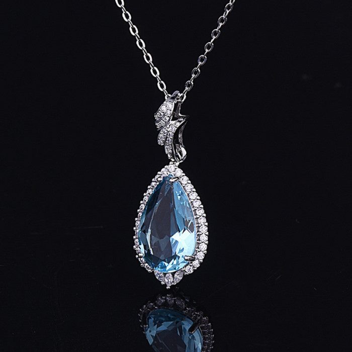 Silver Plated Anti Tarnish American Diamond Crushed Ice Cut Blue Teardrop Shape Contemporary Pendant - VAIRAVI