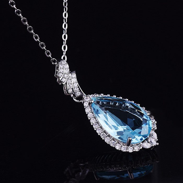 Silver Plated Anti Tarnish American Diamond Crushed Ice Cut Blue Teardrop Shape Contemporary Pendant - VAIRAVI