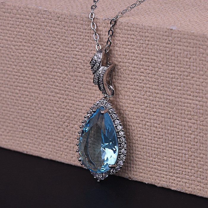 Silver Plated Anti Tarnish American Diamond Crushed Ice Cut Blue Teardrop Shape Contemporary Pendant - VAIRAVI