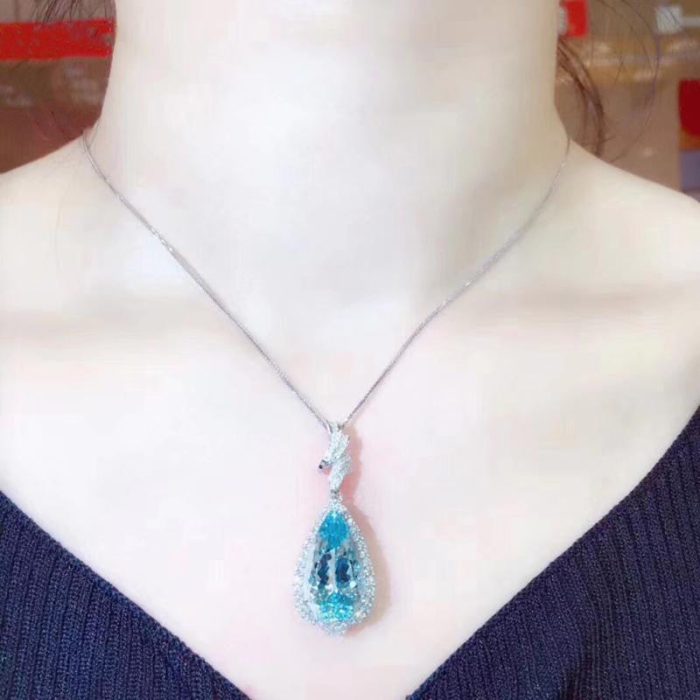 Silver Plated Anti Tarnish American Diamond Crushed Ice Cut Blue Teardrop Shape Contemporary Pendant - VAIRAVI