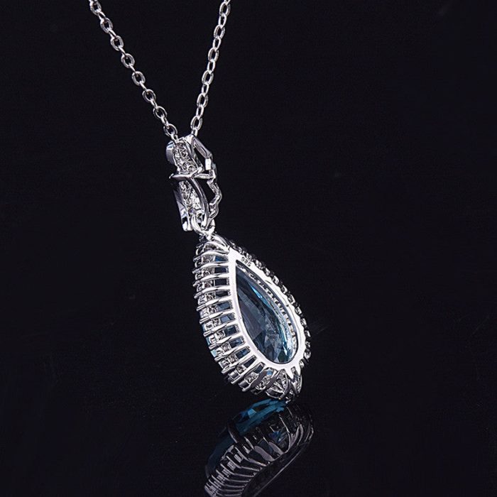 Silver Plated Anti Tarnish American Diamond Crushed Ice Cut Blue Teardrop Shape Contemporary Pendant - VAIRAVI