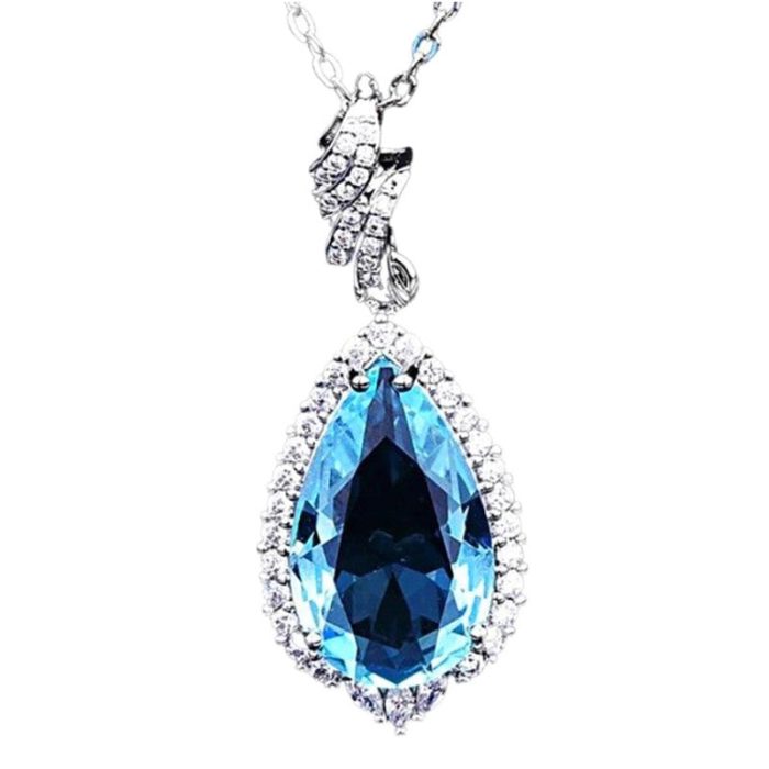 Silver Plated Anti Tarnish American Diamond Crushed Ice Cut Blue Teardrop Shape Contemporary Pendant - VAIRAVI