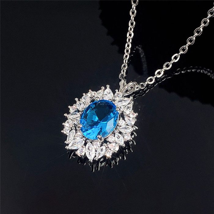 Silver Plated Anti Tarnish American Diamond Studded Blue Oval Shape Contemporary Pendant - Image 2