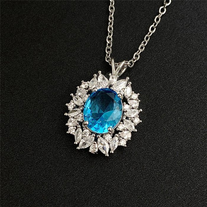 Silver Plated Anti Tarnish American Diamond Studded Blue Oval Shape Contemporary Pendant - Image 6