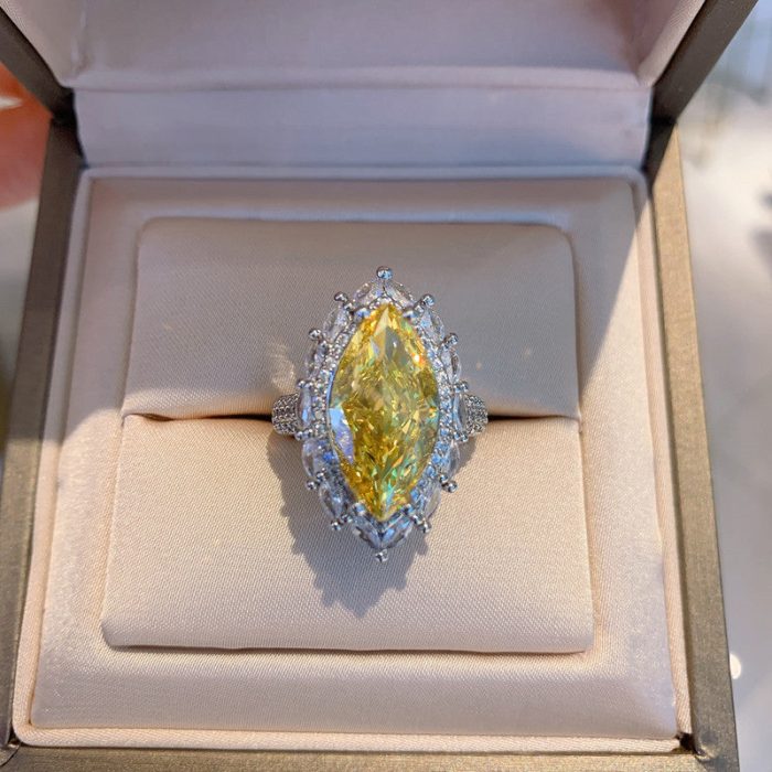 Silver Plated Anti Tarnish American Diamond Crushed Ice Cut Yellow Cocktail Finger Ring - VAIRAVI