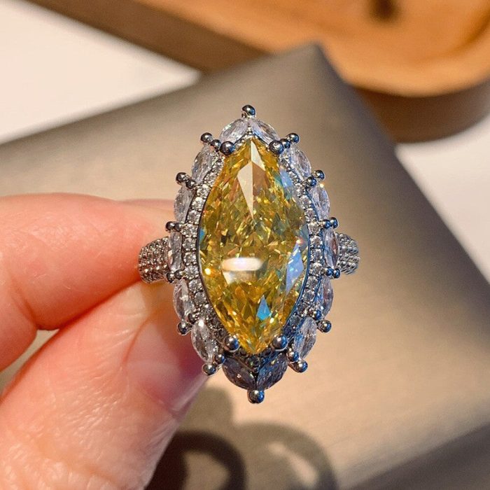 Silver Plated Anti Tarnish American Diamond Crushed Ice Cut Yellow Cocktail Finger Ring - VAIRAVI