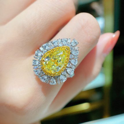 Silver Plated Anti Tarnish American Diamond Crushed Ice Cut Yellow Teardrop Cocktail Finger Ring - VAIRAVI