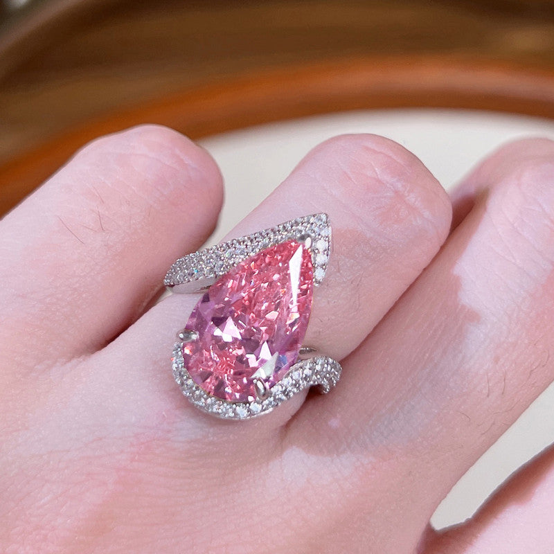 Silver Plated Anti Tarnish American Diamond Crushed Ice Cut Pink Teardrop Finger Ring - VAIRAVI Silver Plated Anti Tarnish American Diamond Crushed Ice Cut Pink Teardrop Finger Ring - VAIRAVI