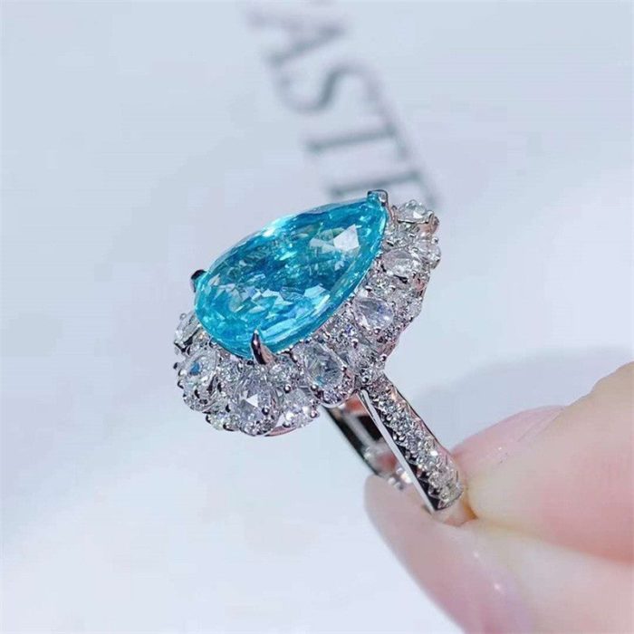 Silver Plated Anti Tarnish American Diamond Crushed Ice Cut Blue Teardrop Finger Ring - VAIRAVI