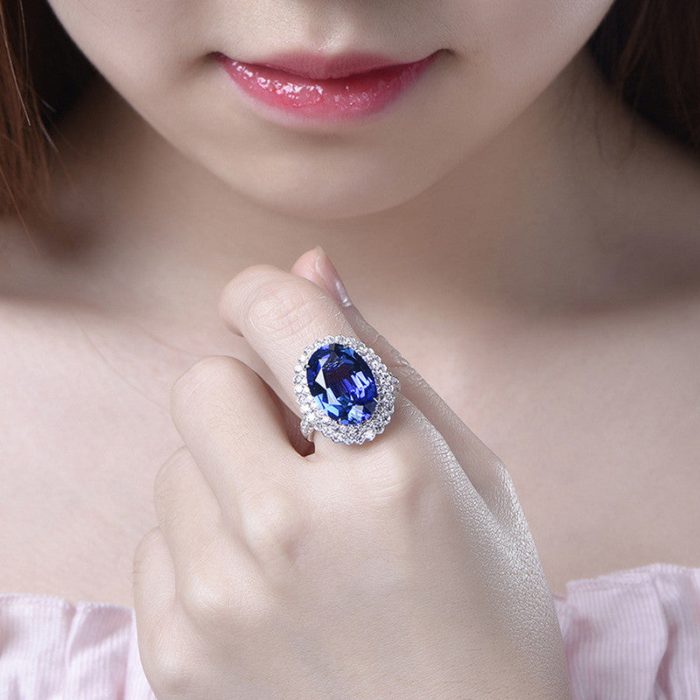 Silver Plated Anti Tarnish American Diamond Crushed Ice Cut Navy Blue Oval Cocktail Style Finger Ring - VAIRAVI
