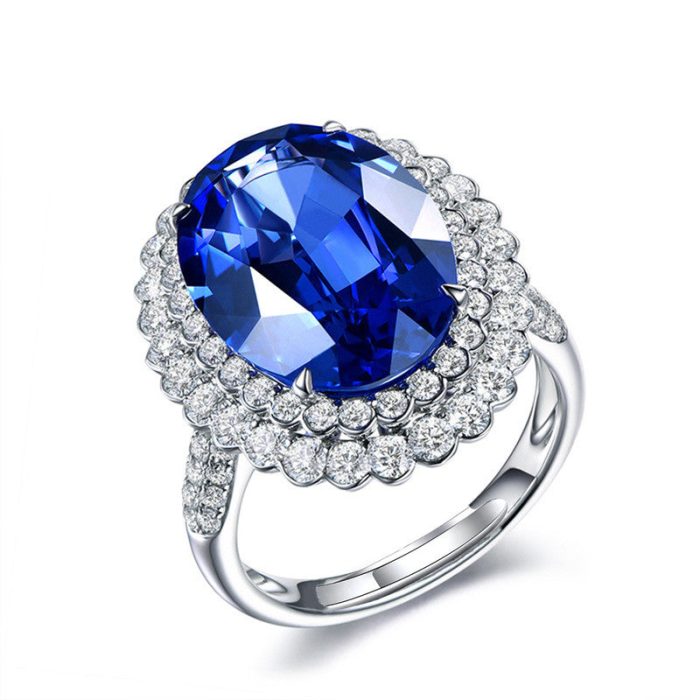 Silver Plated Anti Tarnish American Diamond Crushed Ice Cut Navy Blue Oval Cocktail Style Finger Ring - VAIRAVI