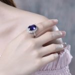 Silver Plated Anti Tarnish American Diamond Crushed Ice Cut Navy Blue Oval Cocktail Style Finger Ring - VAIRAVI