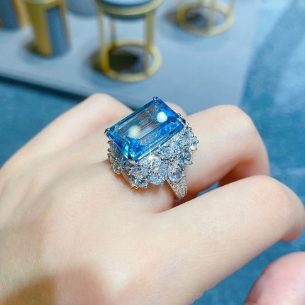 Silver Plated Anti Tarnish American Diamond Crushed Ice Cut Blue Rectangular Contemporary Finger Ring - VAIRAVI