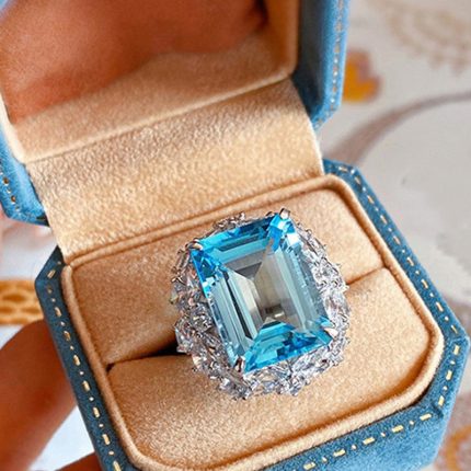 Silver Plated Anti Tarnish American Diamond Crushed Ice Cut Blue Rectangular Contemporary Finger Ring - VAIRAVI