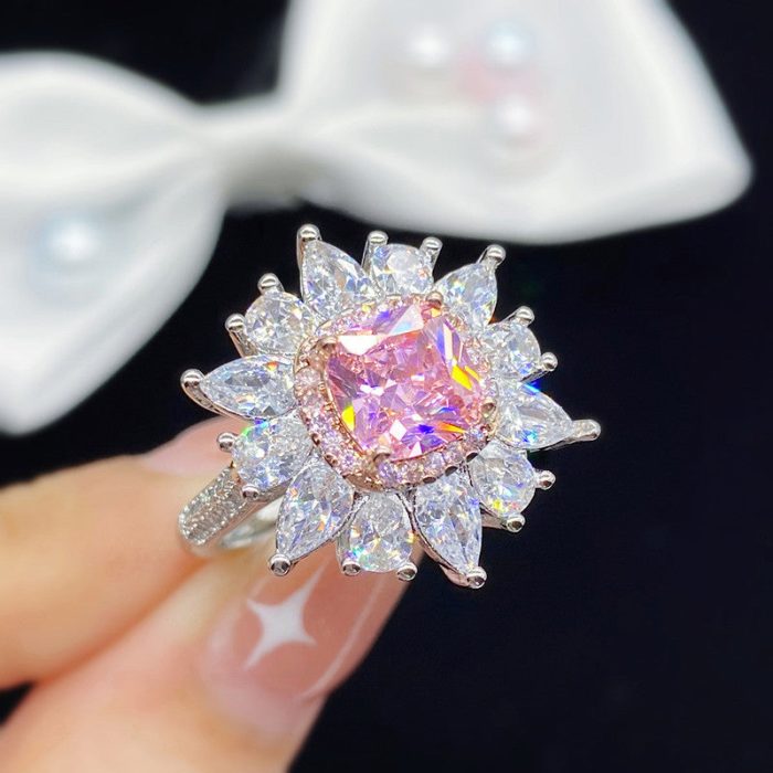 Silver Plated Anti Tarnish American Diamond Crushed Ice Cut Pink Floral Cocktail Finger Ring - VAIRAVI