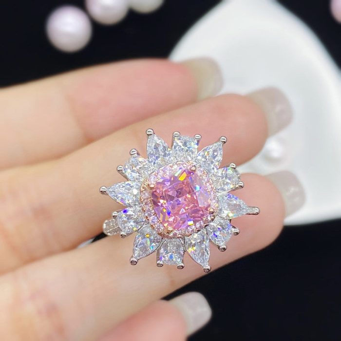 Silver Plated Anti Tarnish American Diamond Crushed Ice Cut Pink Floral Cocktail Finger Ring - VAIRAVI