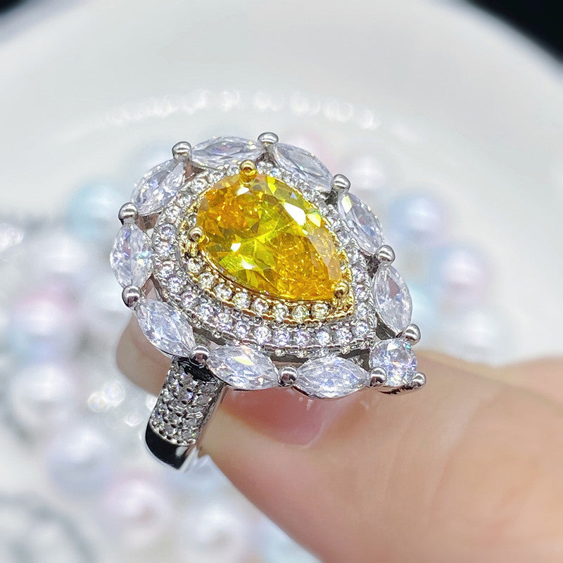 Silver Plated Anti Tarnish American Diamond Crushed Ice Cut Yellow Teardrop Cocktail Style Finger Ring - VAIRAVI Silver Plated Anti Tarnish American Diamond Crushed Ice Cut Yellow Teardrop Cocktail Style Finger Ring - VAIRAVI