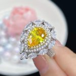 Silver Plated Anti Tarnish American Diamond Crushed Ice Cut Yellow Teardrop Cocktail Style Finger Ring - VAIRAVI