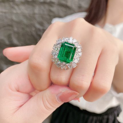 Silver Plated Anti Tarnish American Diamond Crushed Ice Cut Green Rectangular Finger Ring - VAIRAVI