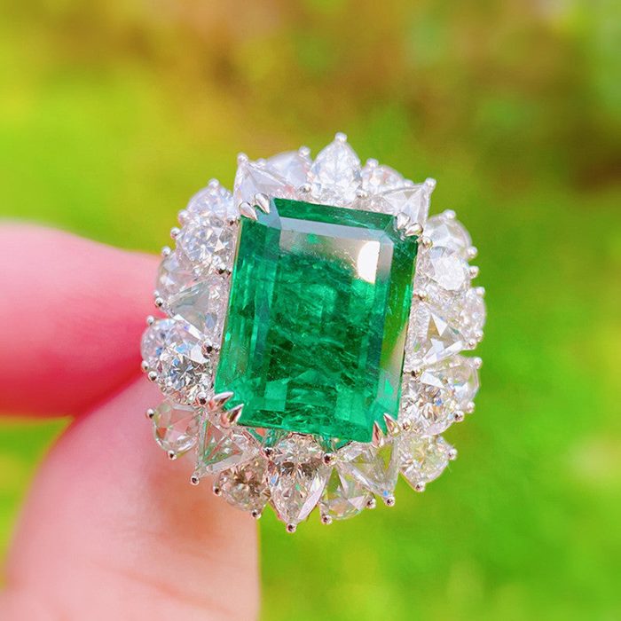 Silver Plated Anti Tarnish American Diamond Crushed Ice Cut Green Rectangular Finger Ring - VAIRAVI