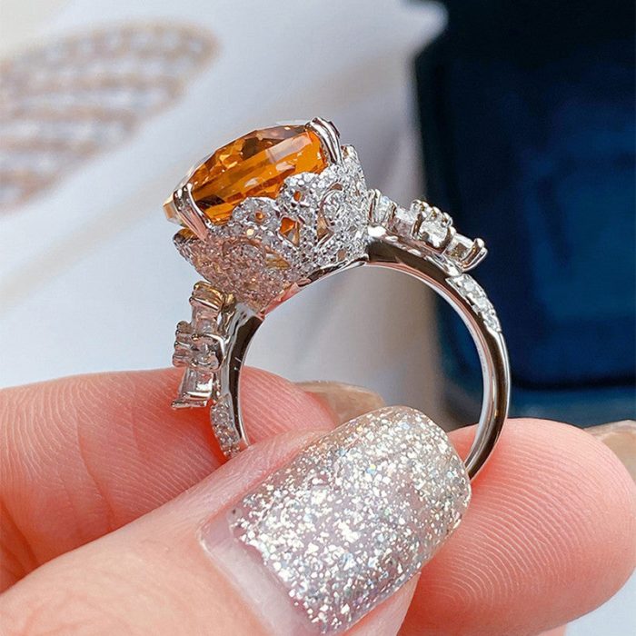 Silver Plated Anti Tarnish American Diamond Crushed Ice Cut Yellow Oval Finger Ring - VAIRAVI