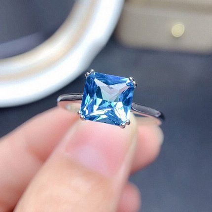 Silver Plated Anti Tarnish American Diamond Crushed Ice Cut Blue Square Finger Ring - VAIRAVI