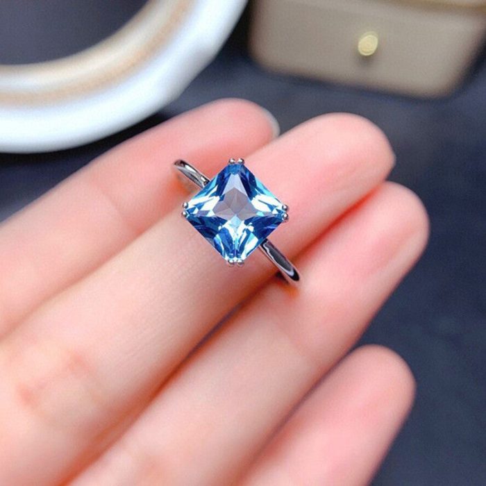 Silver Plated Anti Tarnish American Diamond Crushed Ice Cut Blue Square Finger Ring - VAIRAVI